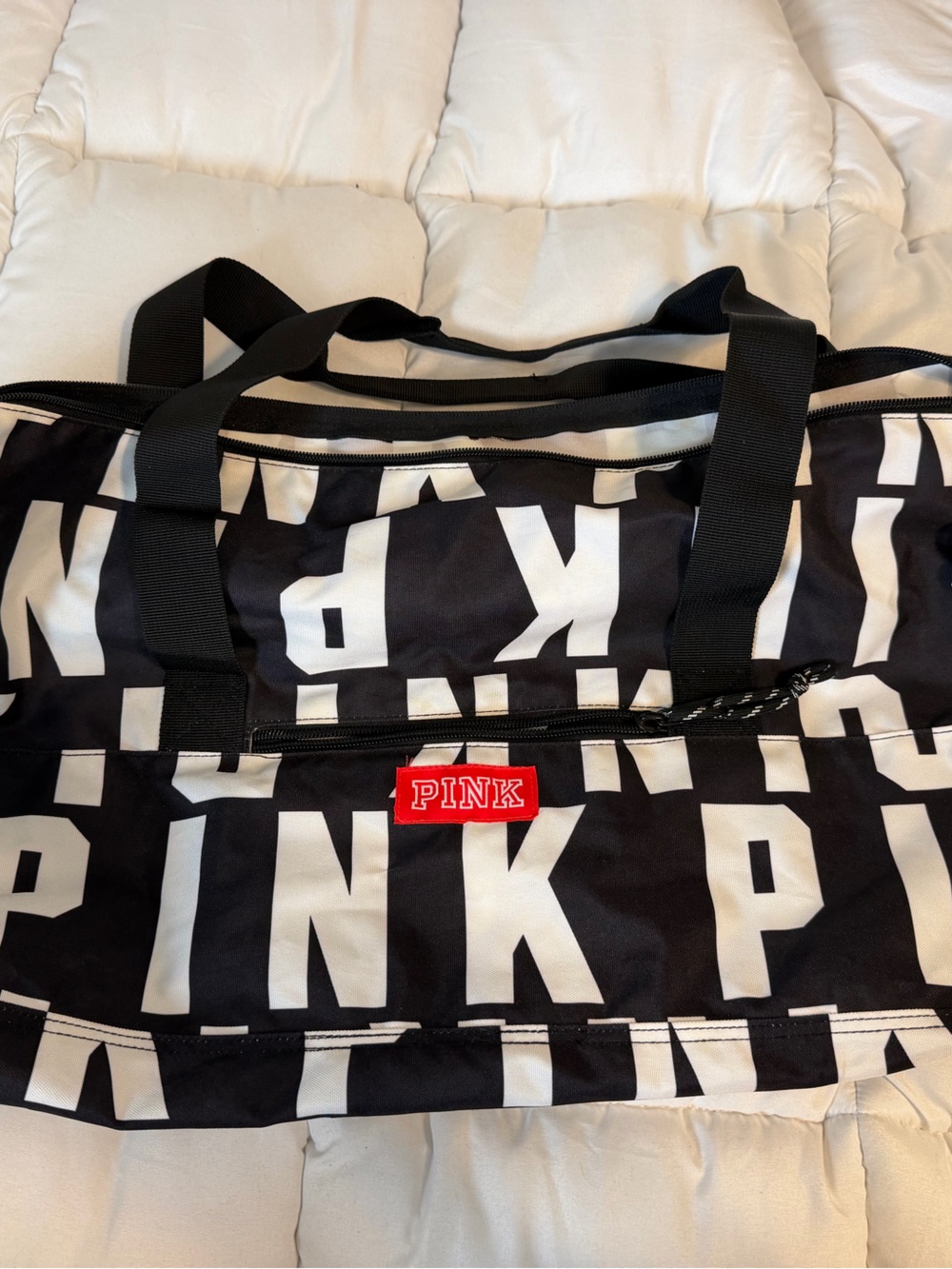 PINK Victoria's Secret Black and White Logo Duffel with Red Patch
